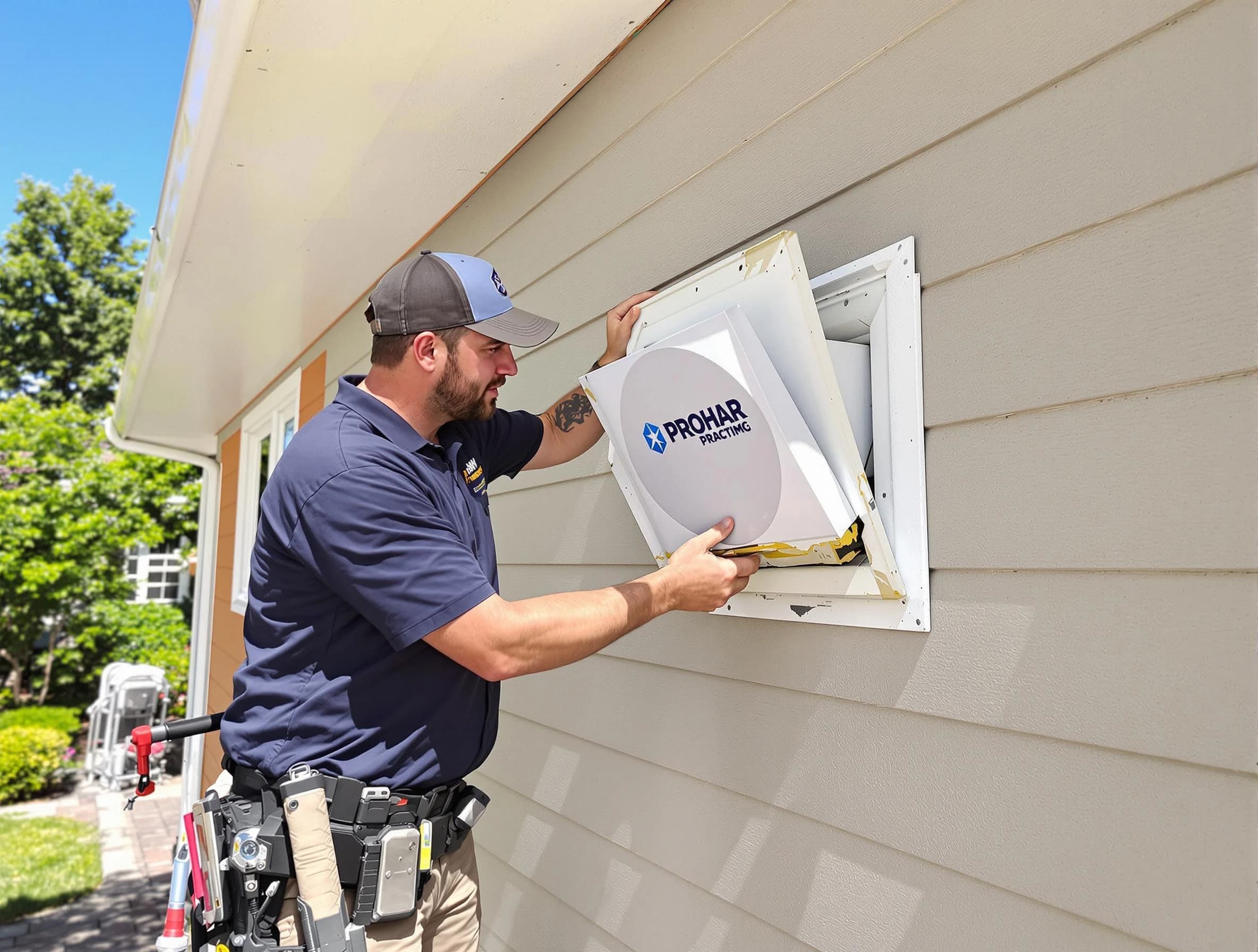 Lewisburg Dryer Vent Cleaning technician installing a new protective dryer vent cover on a home in Lewisburg